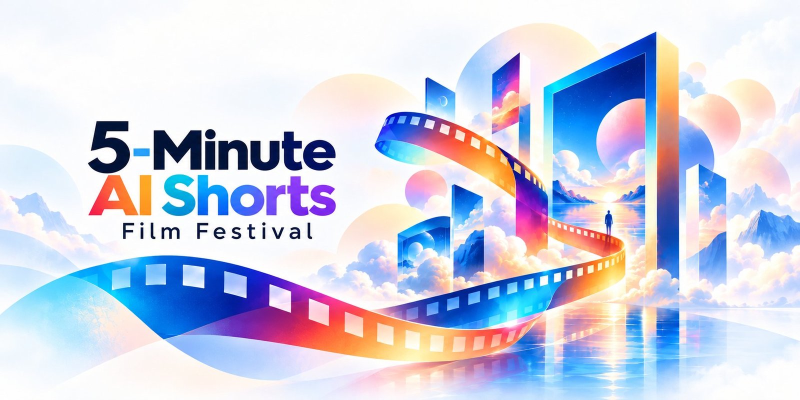 5-Minute AI Shorts Film Festival. A strip of film curls out of the number 5 and runs through a glowing doorway in a pastel sky.