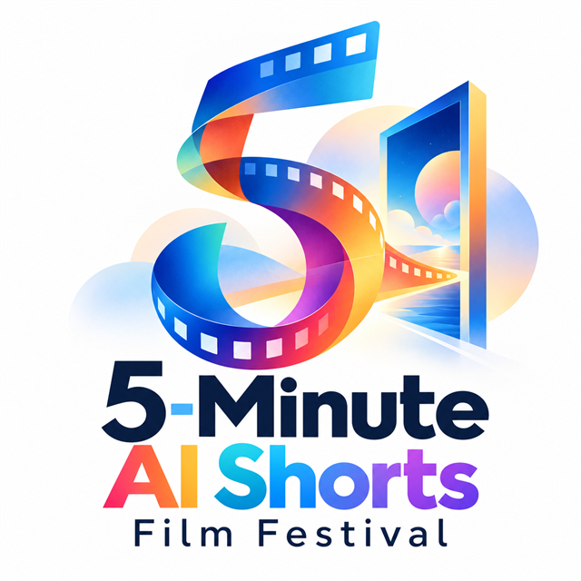 5-Minute AI Shorts Film Festival logo: a strip of film forming the number 5 beside a glowing doorway.